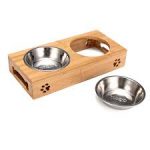 Pet Food Water Feeder Single Twin Bowls Bamboo Stainless Steel Dog Cat Dishes Pet Bowl - 2 Pcs